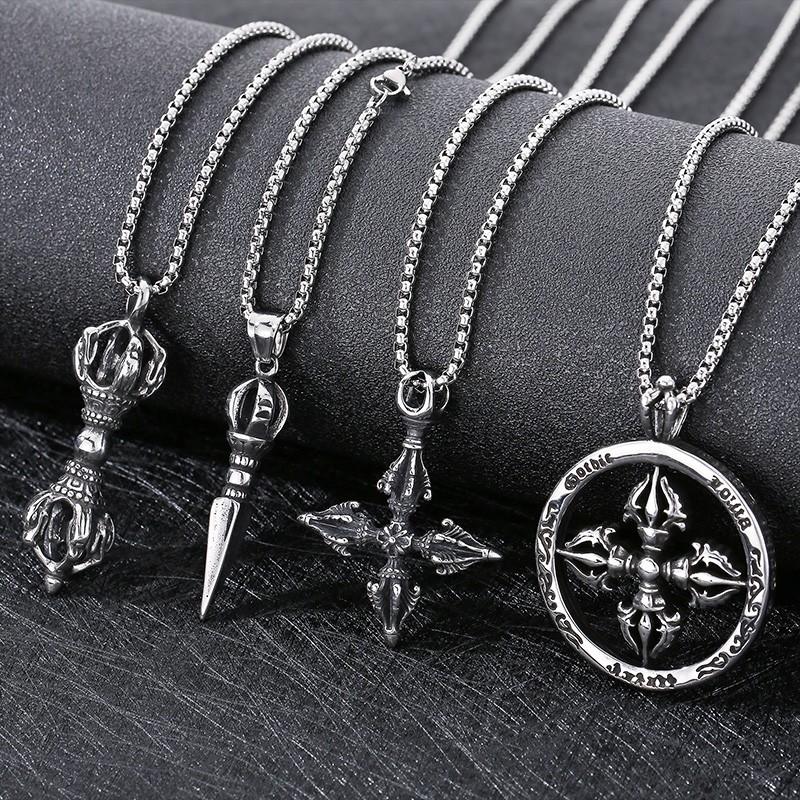 Hip Hop Stainless Steel Crown Cross Pendant Necklace Men's Women's Gothic Demon Subduing Pestle 60cm Necklace Gold Color Jewelry