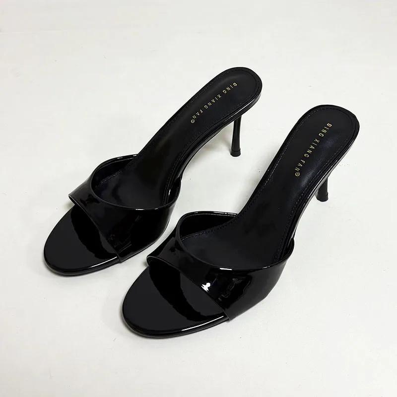 Fashion Elegant Thin High Heel Women Slippers Sexy Peep Toe Slides Sandals Patent Leather Wedge Heeled Sandals Summer Party Dress Shoe
