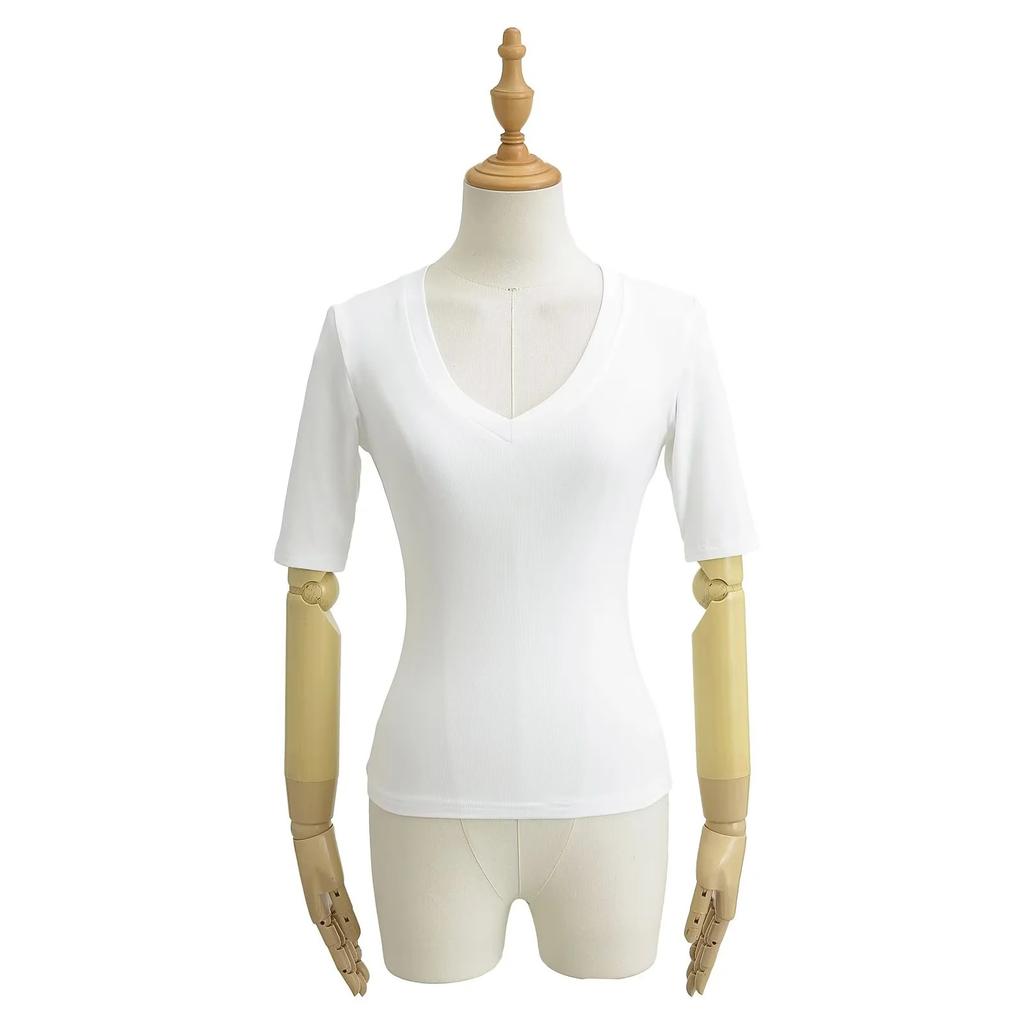 Damen V-Ausschnitt Halbarm T-Shirt Slim Fit Einfarbig Basic Lässig Crop Top