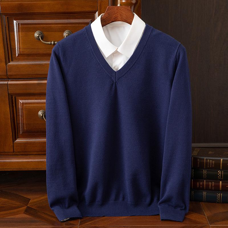 Suéter de Punto para Hombre con Cuello en V - Casual, de Negocios, Corte Holgado, Color Sólido, Manga Larga