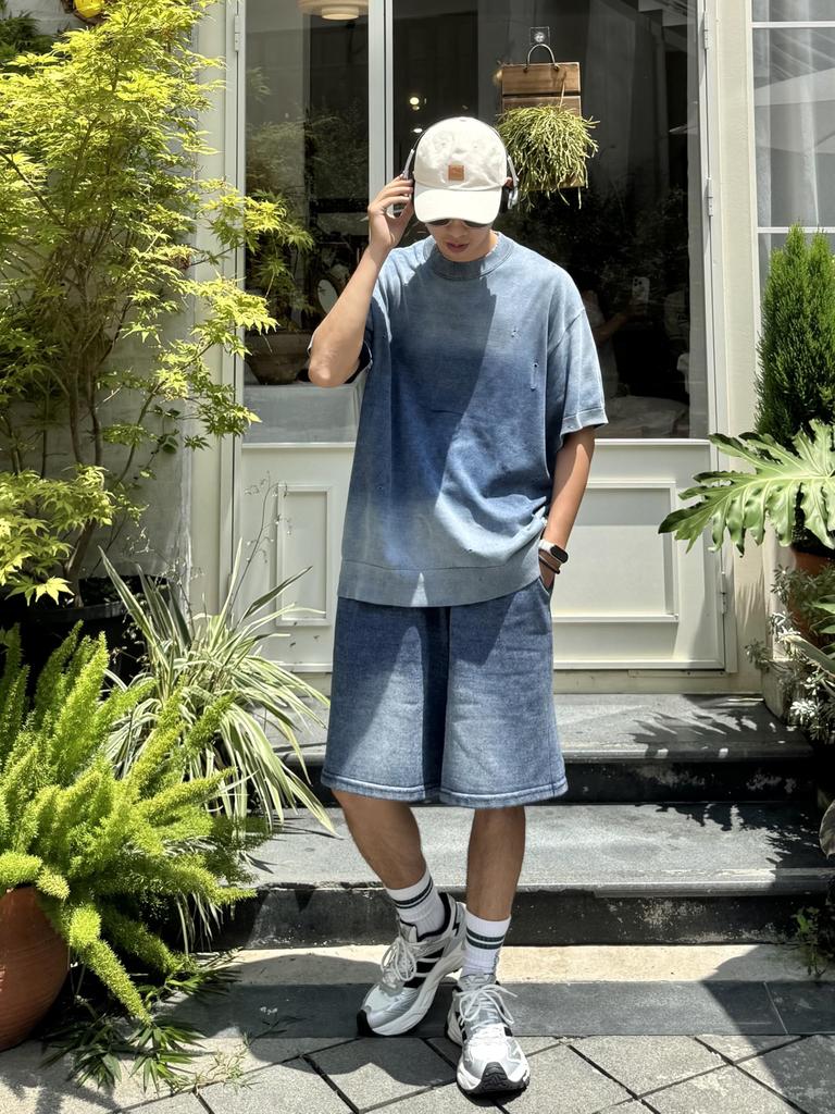 [CHANGE WELL] Men's 2025AW Faded Look Fashion Casual Autumn Clothing [Washed Finish] Big Silhouette Knit Half Pants (INDIGO, XL)