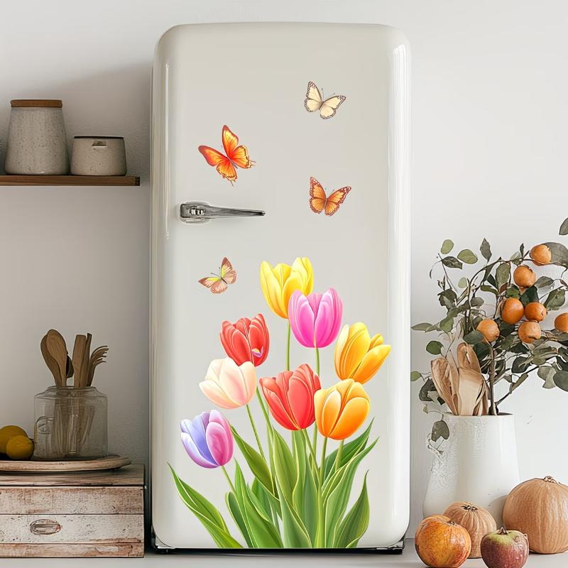 Colorful Butterfly Flowers Refrigerator Decoration Stickers Self-Adhesive Removable Decal Glass/ Door/Wall Sticker Home Decorati