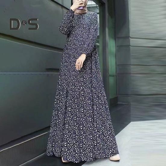 Women Maxi Dress O Neck Long Sleeve Loose A Line Big Hem Dot Print Vintage Soft Patchwork Dubai Turkey Abaya Long Robe Dress