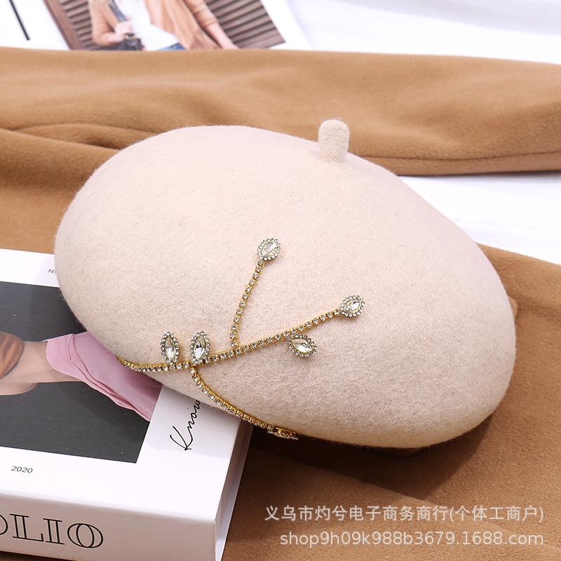 Wool Beret Autumn and Winter New Fashion Rhinestone Three-dimensional Painter Hat Versatile Women's Temperament Versatile Hat