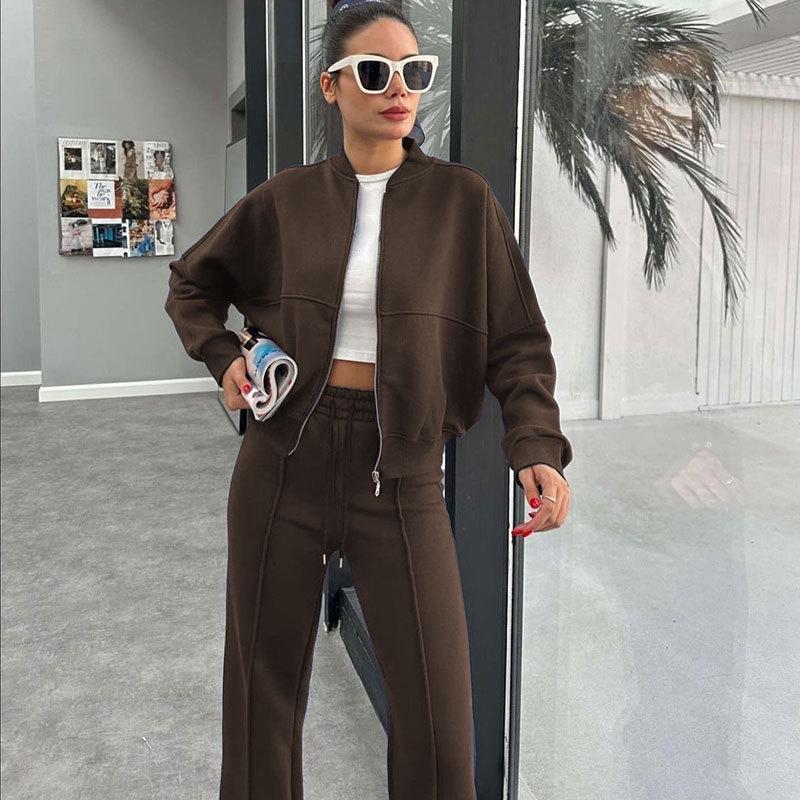Autumn/Winter Women's Fleece-Lined Zipper Cardigan & Solid Color Straight-Leg Pants Set