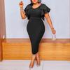 Women Fashion Beaded Frill Short Sleeve Crew Neck Knee Length Pencil Dress