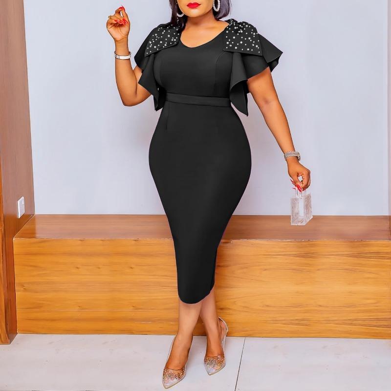 Women Fashion Beaded Frill Short Sleeve Crew Neck Knee Length Pencil Dress