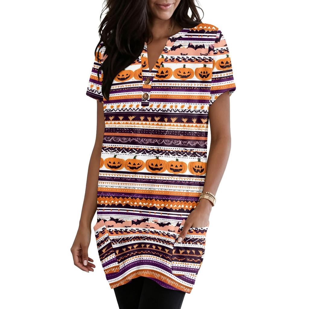Women V Neck Halloween Print Short Sleeve Pullover Dress with Pocket Casual Loose Fit Tunic Dress for Daily Wear