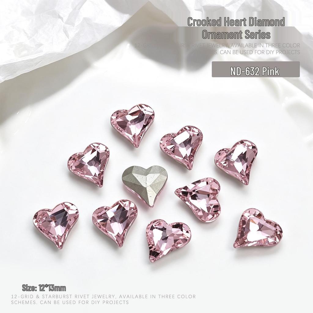 "10-Piece Heart-Shaped Nail Art Accessories with Pointed Bottom Transparent and Colorful Diamonds"