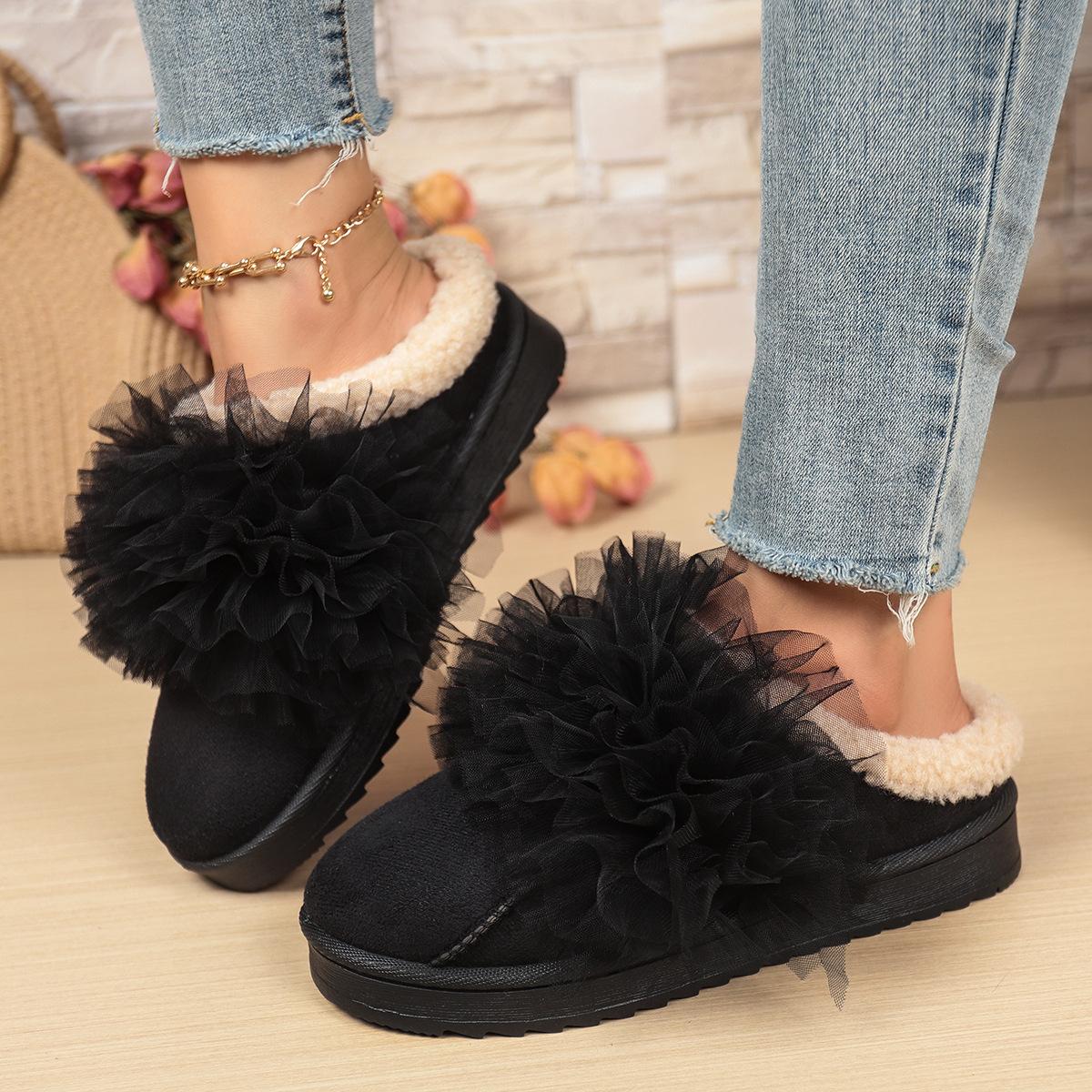

Модные женские хлопковые тапочки с шелковой отделкой и толстой подошвой, зима 2025, плюшевые тапочки из искусственной замши, женские нескользящие уличные туфли на платформе 41 чёрный