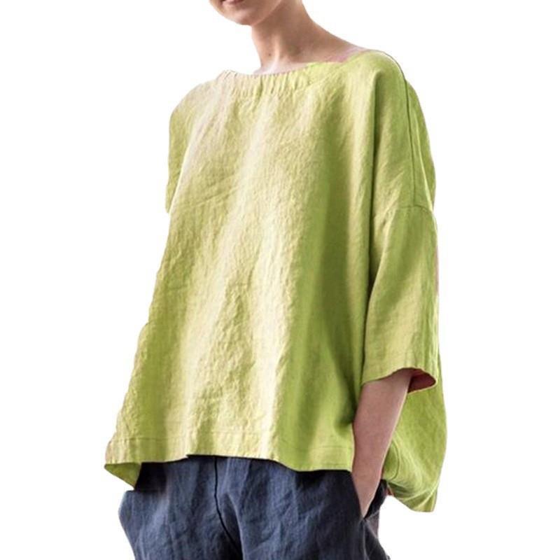 Round Neck Cotton and Linen Loose Top, Versatile and Versatile Cover Up, Women's Top