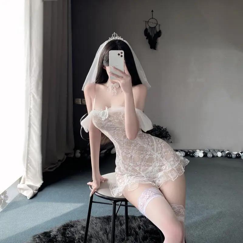 Hot Sexy Damen Dessous Braut Cosplay Hochzeitskleid Transparente Spitzenröcke Sex Party Uniform Exotisches Kostüm Paar Spiel Cos Outfit