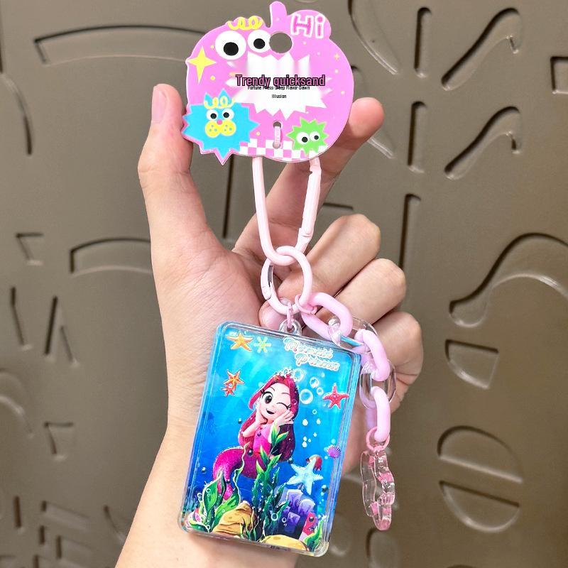 Creative Mermaid Acrylic Keychain with Oil-Filled Sand Flow and Cute Buckle Card Holder Single OPP Bag Packaging