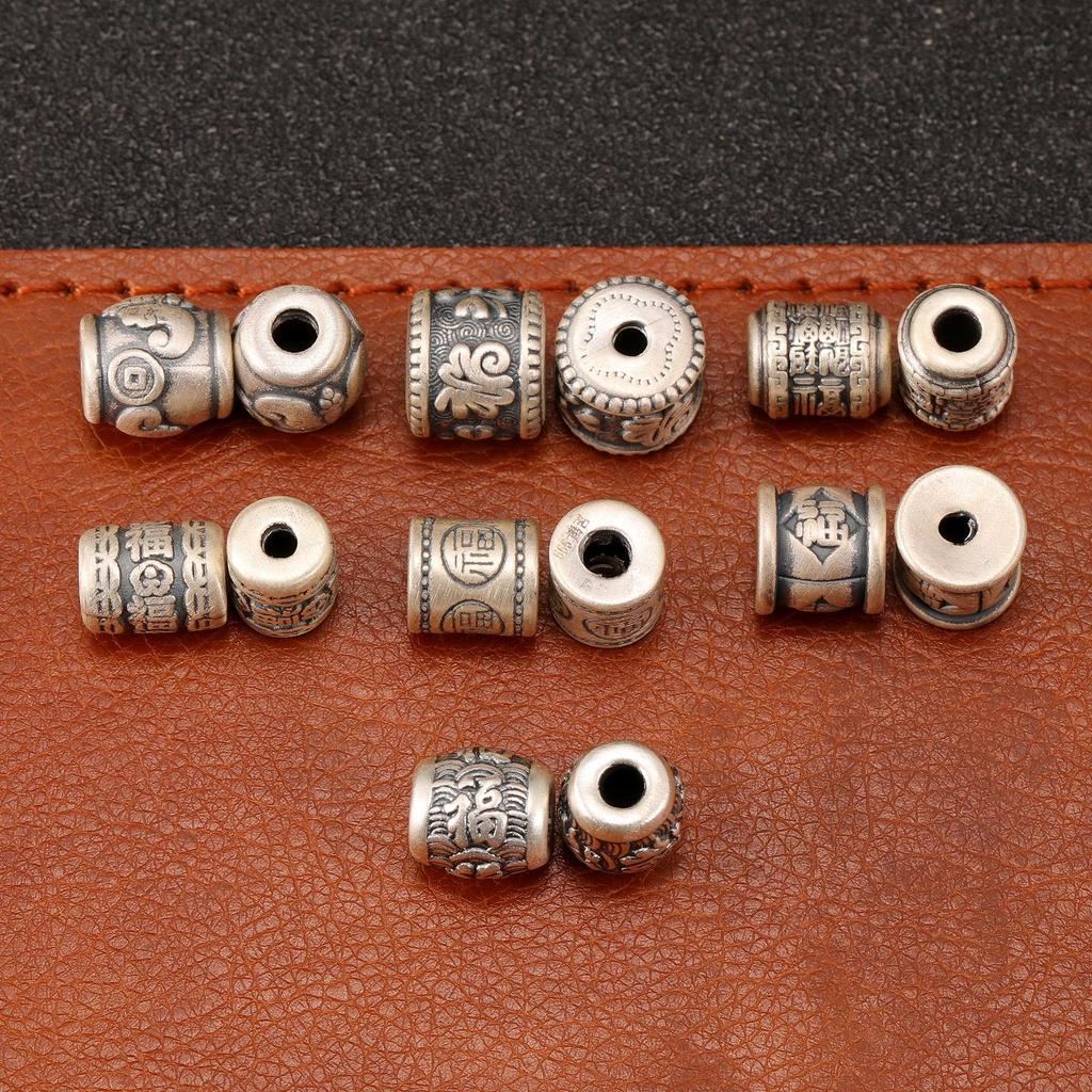 Ethnic-Style Sterling Silver S999 Fu Character Spacer Beads: Retro Barrel Ruyi Beads for DIY Lucky Silver Jewelry
