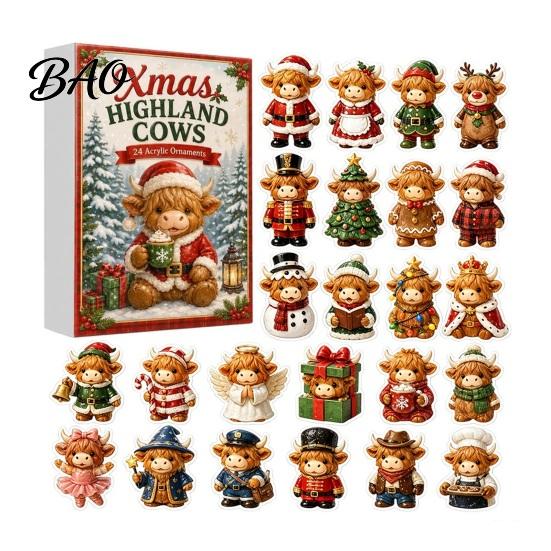 Decorative Tabletop Display 2026 Highland Cow Advent Calendar, 24 Day Christmas Countdown Calendar with 2D Acrylic Collectible Durable Hanging Pieces