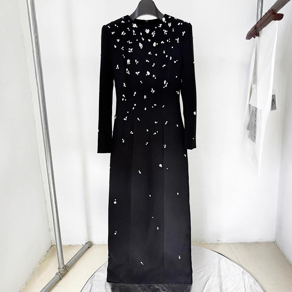 Elegant Heavy Beaded Long-Sleeve Diamond Long Dress