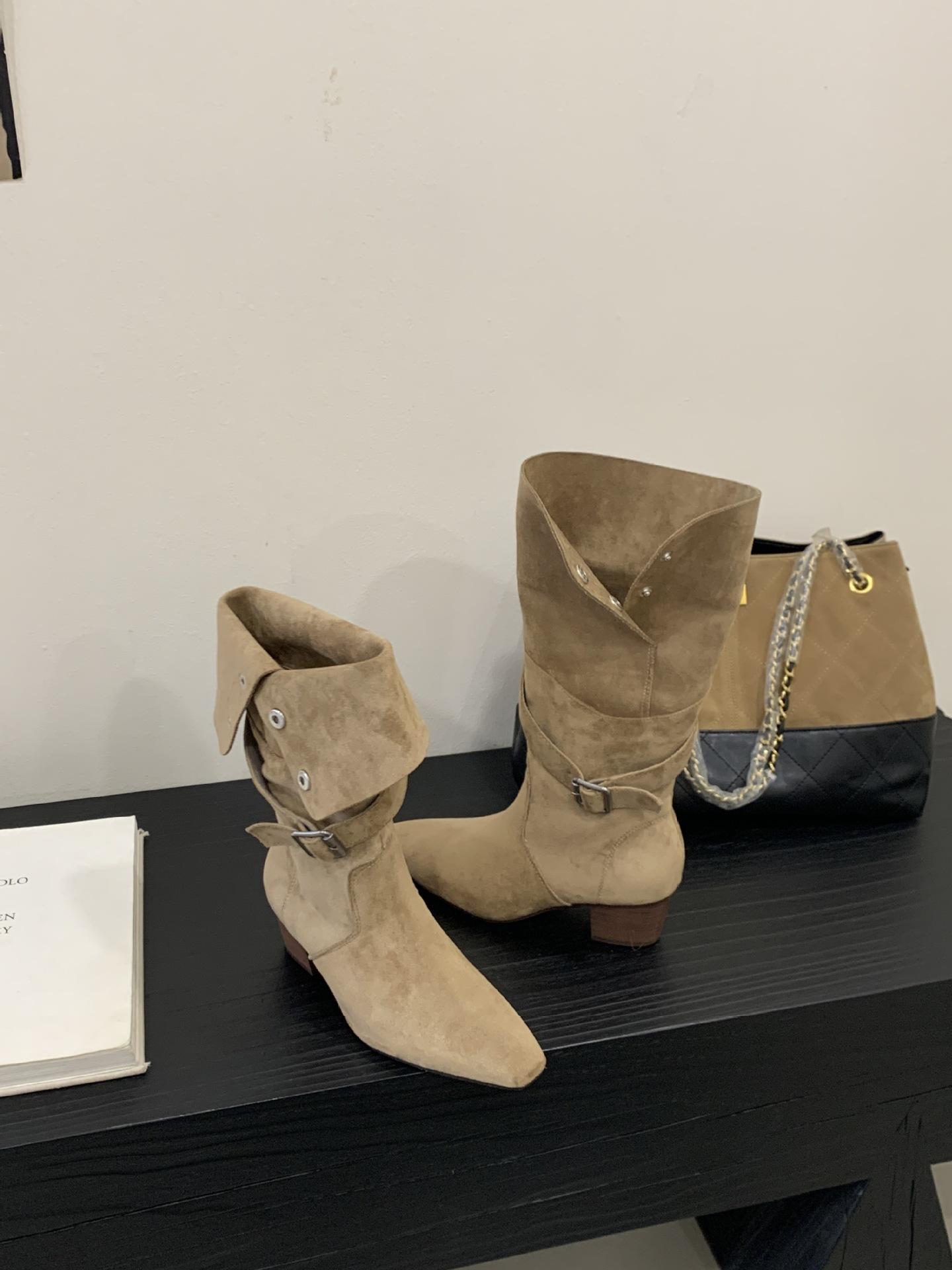 

Retro thick heel elastic thin boots, new thin thick heel high tube suede pile women in autumn and winter 2025 39 хаки