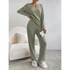 Women's V Neck Ribbed Knit Two Piece Set Long Sleeve Top Elastic Waist Wide Leg Pants