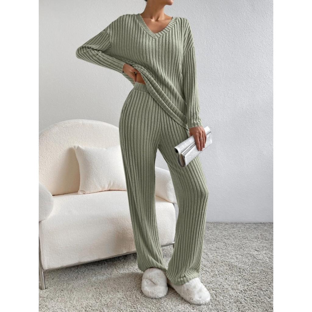 Women's V Neck Ribbed Knit Two Piece Set Long Sleeve Top Elastic Waist Wide Leg Pants