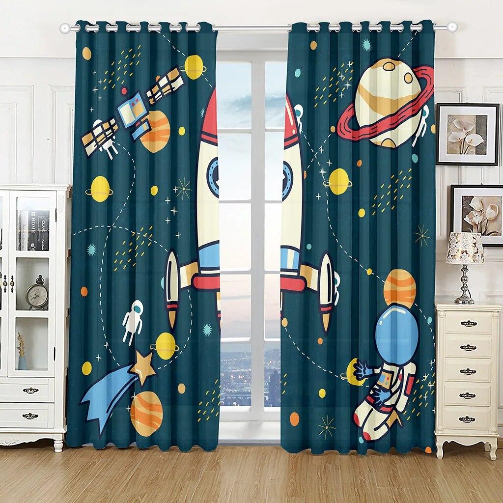 

3D принт, современный космический мультфильм, Марс, астронавт, планета, тонкая полузатеняющая оконная занавеска для детской спальни, гостиной W50xH160(CM)x2PCS-Grommet Top