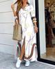 Women's Long Sleeve Shirt Dress V Neck Loose Fit Asymmetric Printed Casual Maxi Dress