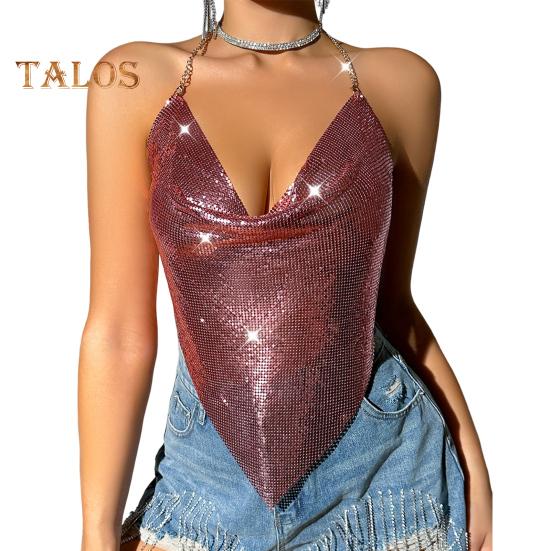 

Женский топ с блестками на бретельках без рукавов с открытой спиной, короткий жилет с металлическими цепочками, шнурками и воротником-качелями, сексуальный топ M розового золота