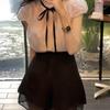 Chic French Bow Tie Chiffon Top with Lace Puff Sleeves for Women