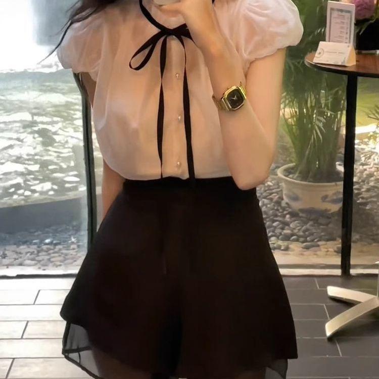 Chic French Bow Tie Chiffon Top with Lace Puff Sleeves for Women