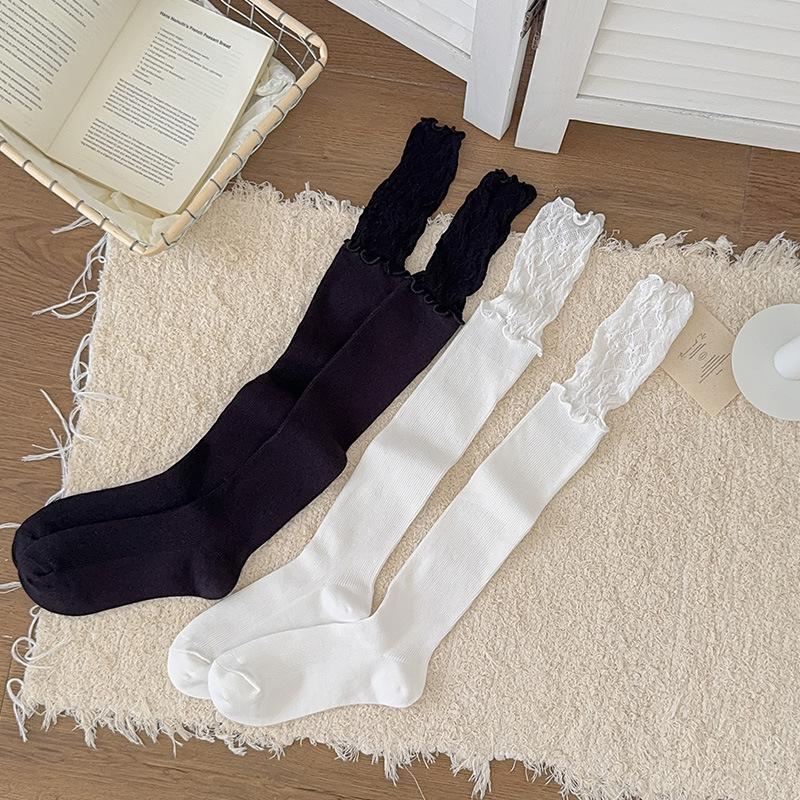 Damskie wiosenne i jesienne cienkie seksowne patchworkowe długie skarpety z koronkowym wykończeniem, jednokolorowe podkolanówki do ud, noszone z butami za kolano