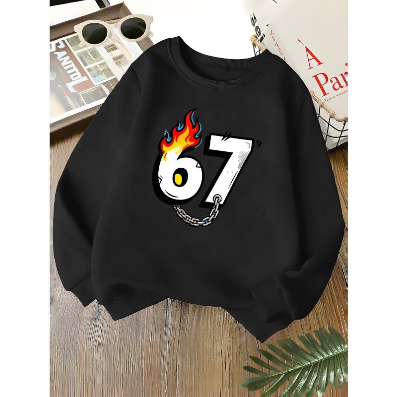 Kids Unisex Crewneck Sweatshirt, Cool Flame Chain Cartoon Number 67 Print Soft Fleece Long Sleeve Pullover For Boys Girls Over 4 Years Old