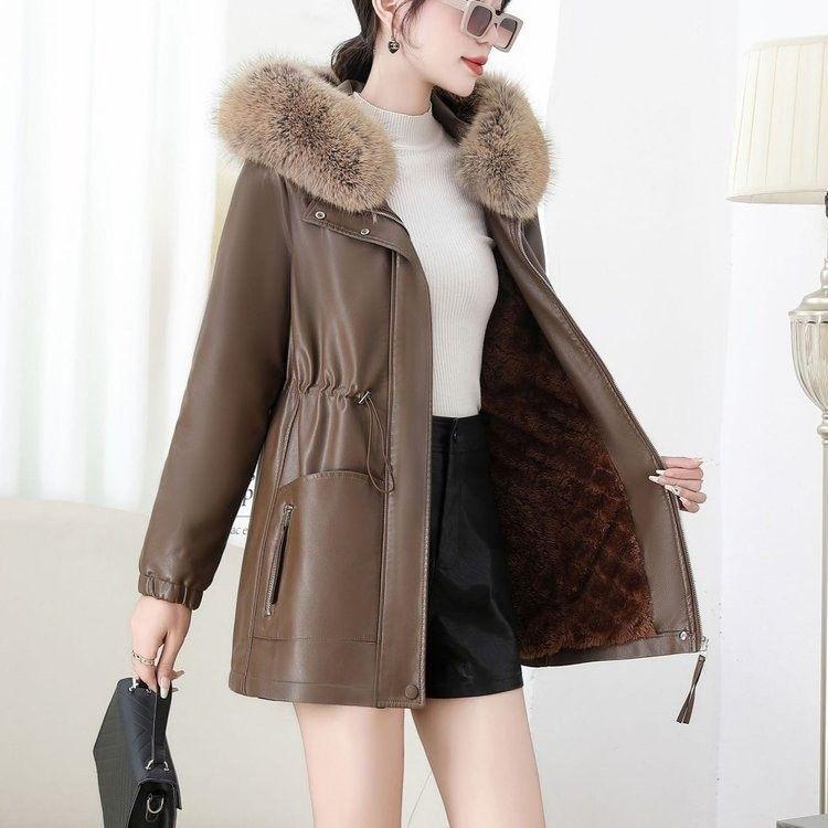 Autumn Winter Women's PU Leather Jacket Mid-length Fleece-lined Hooded Plus Size Leather Jacket with Fur Collar