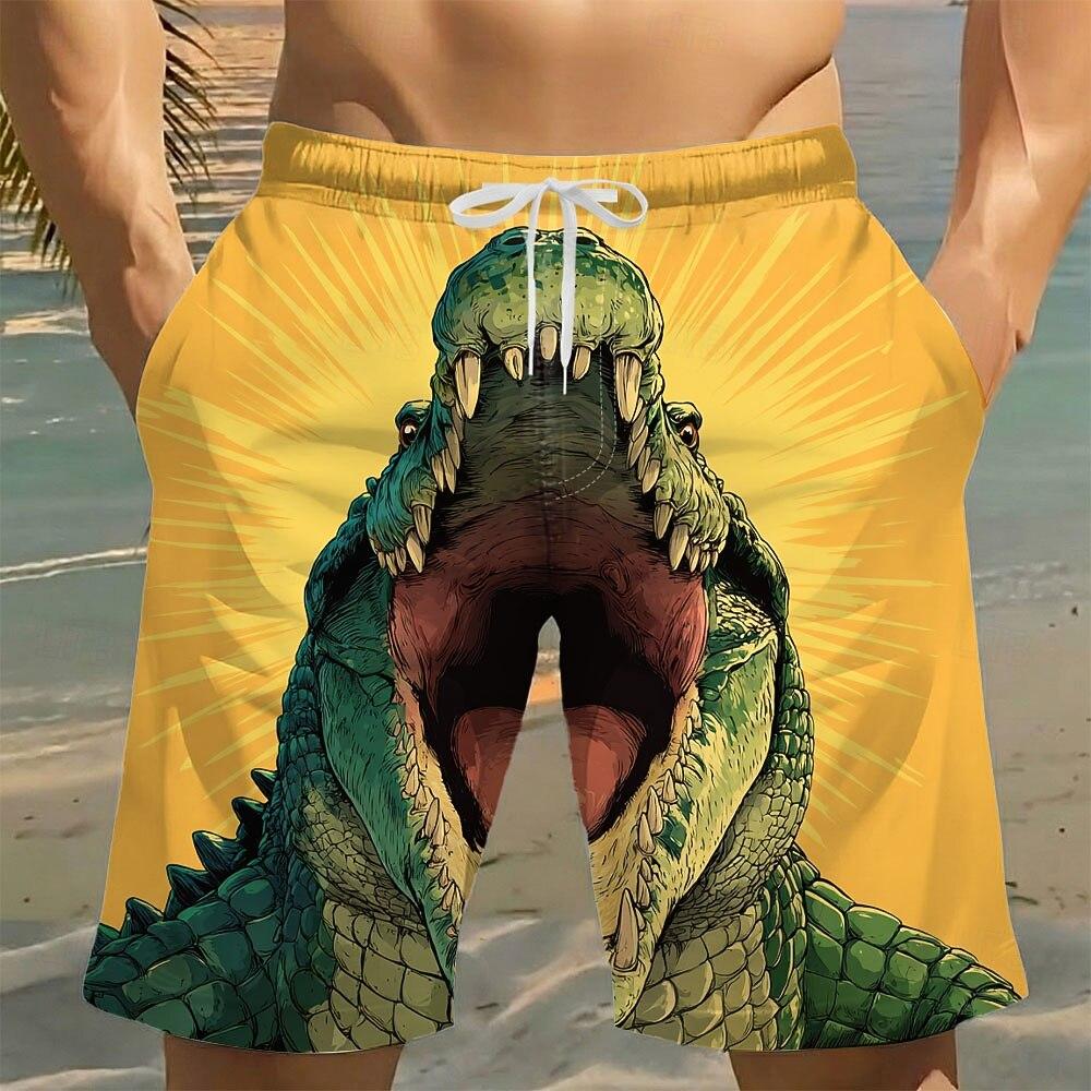 Men's Designer Cartoon Crocodile Beach Shorts, Elastic Drawstring Waist with Side Pockets, Vacation Bottoms for Spring Summer