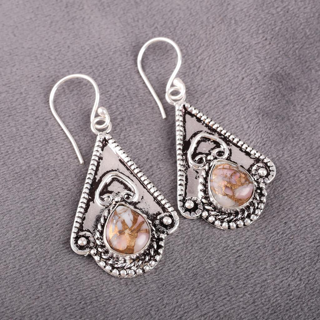 Różowy Opal Turkusowe Kolczyki, Ręcznie Robione Kolczyki z Kamieni Szlachetnych, Kolczyki z Litego Srebra Próby 925 Antyczna Biżuteria, Na Prezent Zaręczynowy