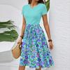 Dámské ležérní módní šaty s páskem, s květinovým potiskem, s krátkým rukávem, s kulatým výstřihem, elegantní