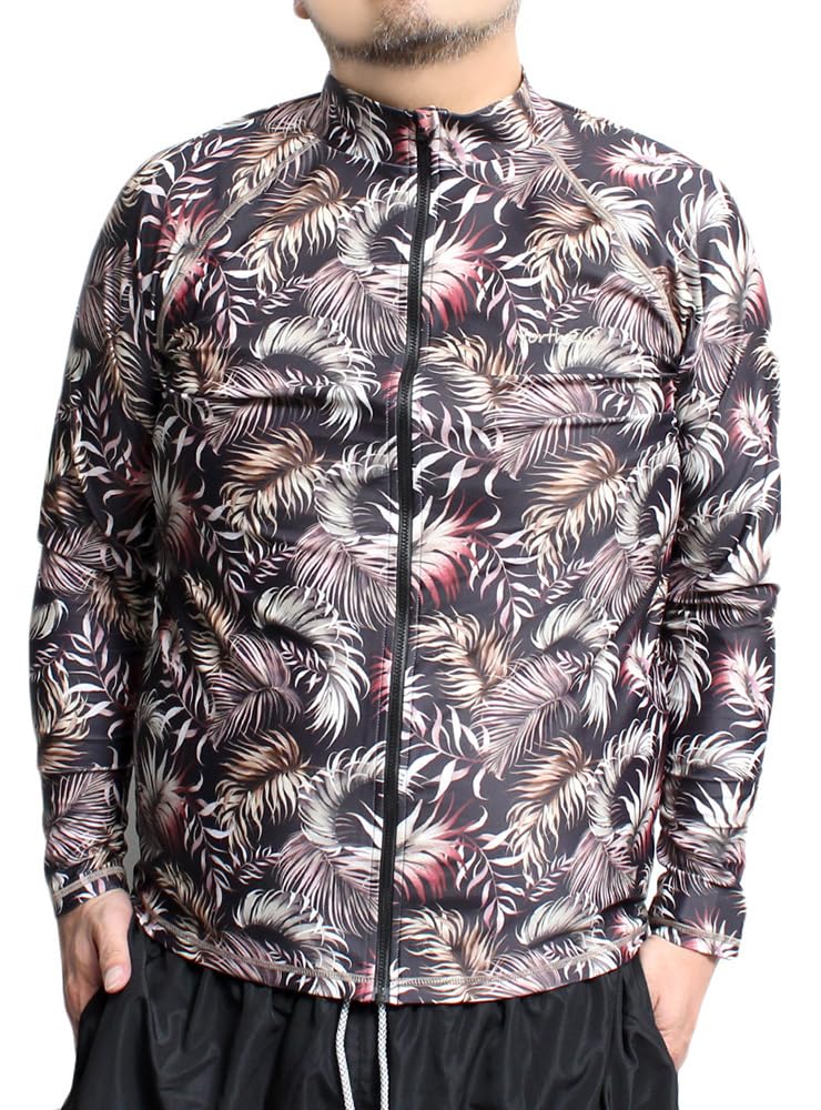 

One Colors Men s Plus Size Zip-Up Rash Guard with Back Print, UV Protection, Stretch Long Sleeves, Size 5L, Black x Botanical Beige (106)
