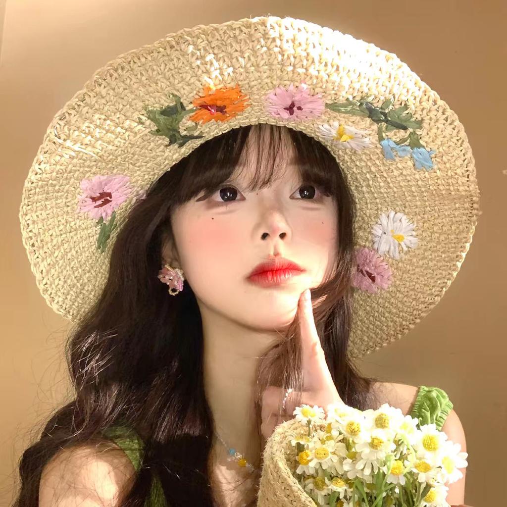 Summer new seaside photo big brim fisherman hat colorful dopamine foldable woven sunshade straw hat women