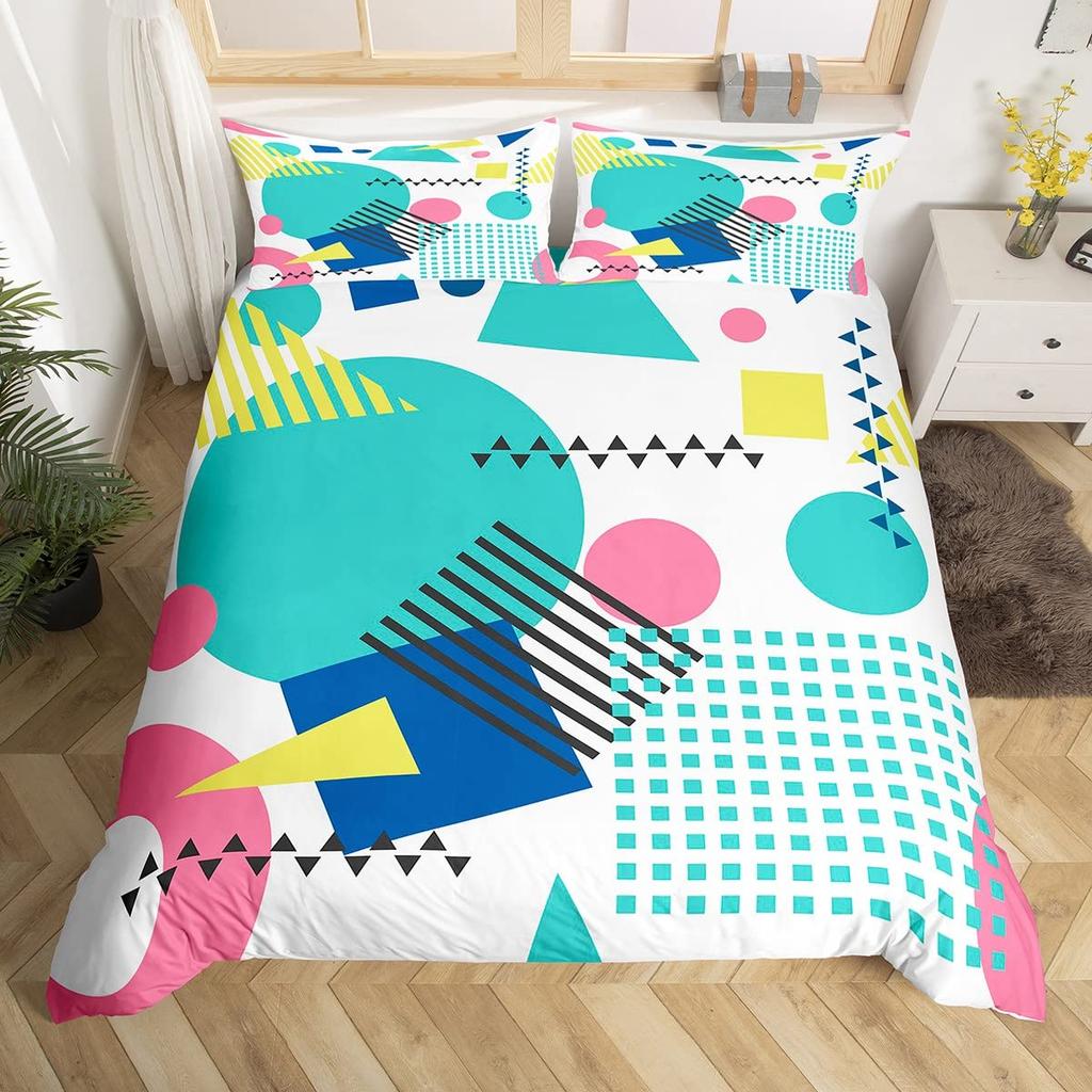 Blau Pink Memphis Bettwäscheset Bunte Abstrakte Bettbezug Hippie Hip Hop Deckenbezug Geometrisch Vintage Mode Steppdeckenbezug