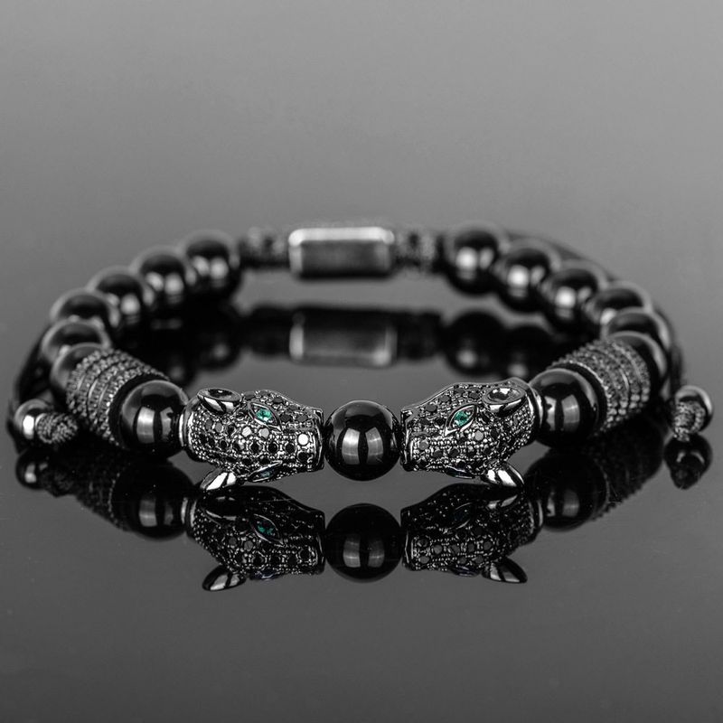 Men Black Double Leopard Head Braided Bracelet Stainless Steel Roman Numeral Bracelet Suit Fashion Retro Style