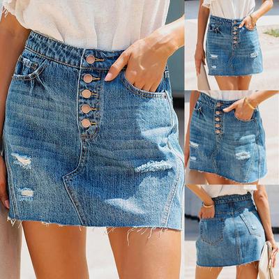 Fusta de denim cu mai mulți nasturi, lavabilă, ocazională, cu găuri sparte