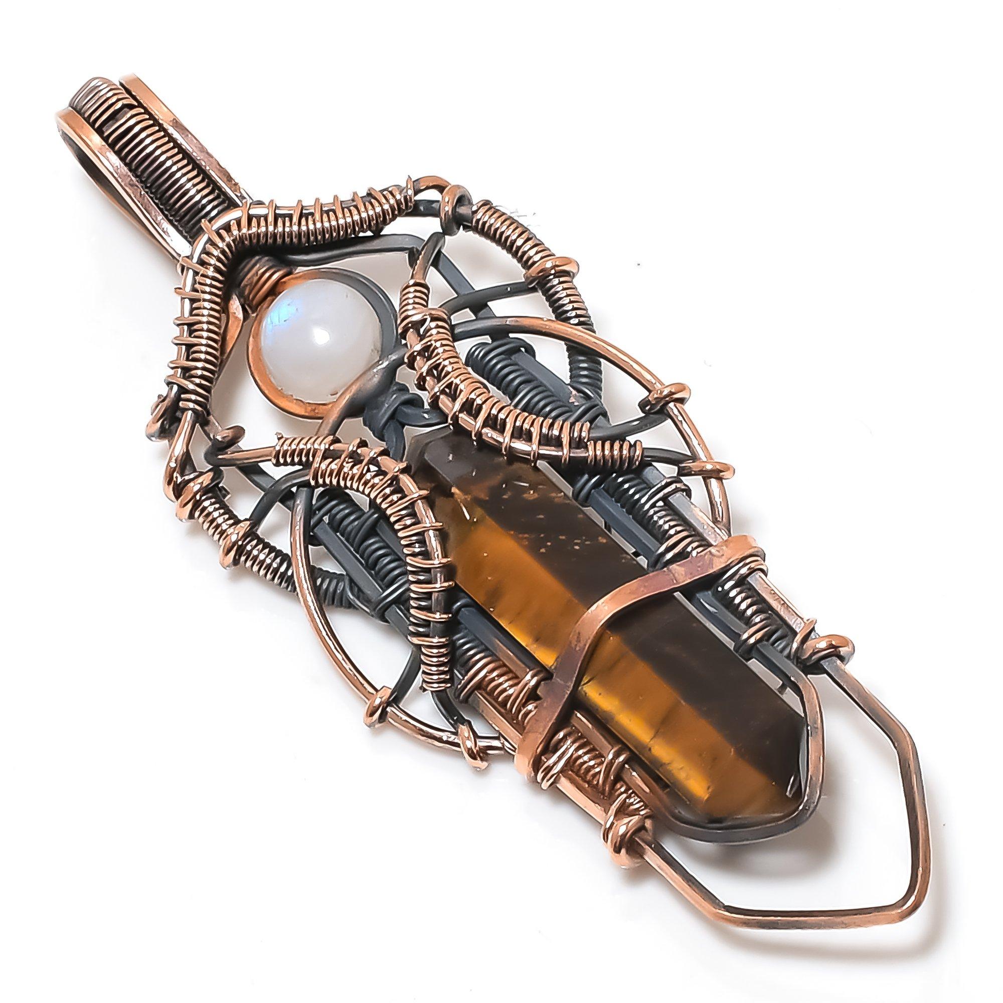 

Tiger s Eye & Moonstone, 999 Copper Wire Wrapped Pendant, Handmade Gemstone Pendant , Gift For Mom Antique Jewelry
