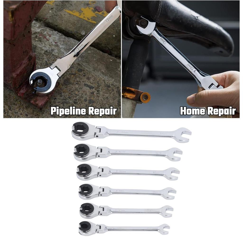 6-Piece Ratchet Wrench Set with Open Flex Head, Metric Ratchet Tube Wrench Set, 10-17mm 72-Tooth Gear Open Air Air Conditioner Tube Professional Adjus