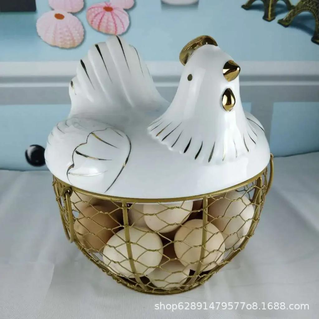 Cute Hen-shaped Egg Storage Basket Metal Wrought Iron Egg Basket with Lid Kitchen Food Debris Storage Container Home Decoration