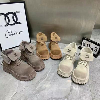 Leather Retro Flip Martin Boots Women's 2024 Early Autumn New Yellow Single Boots Thick-soled Two Wear Short Boots Rhubarb Boots Tide