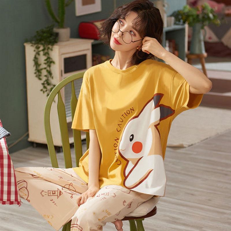 Yellow Pickup New Spring and Autumn Pajamas Women's Simple Casual Style Loungewear Can Be Worn Outside Japanese Short-sleeved Casual Suit