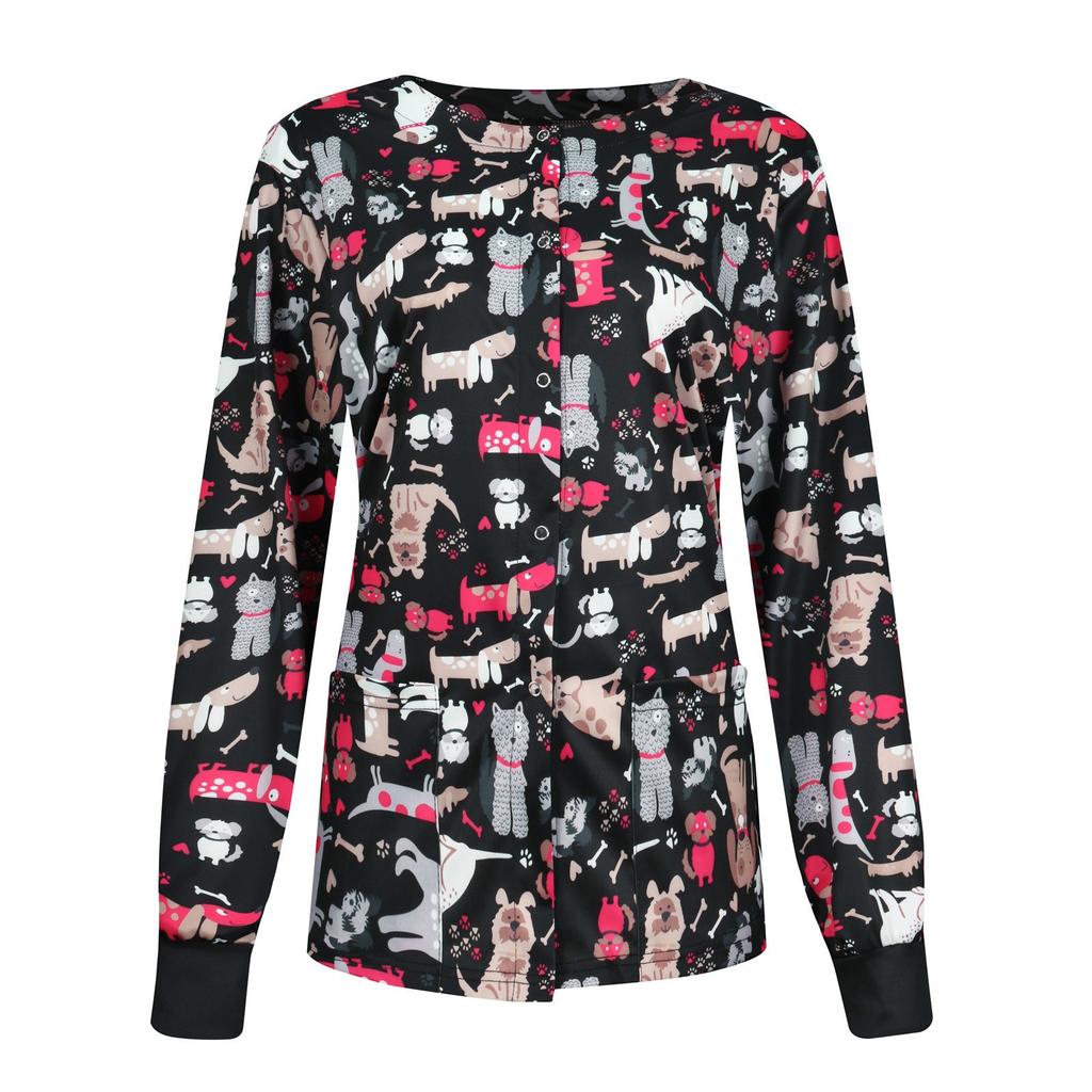 Women Casual Fashion Long-sleeved Stand-up Collar Single-breasted Printed Women's Protective Overalls Jacket Top