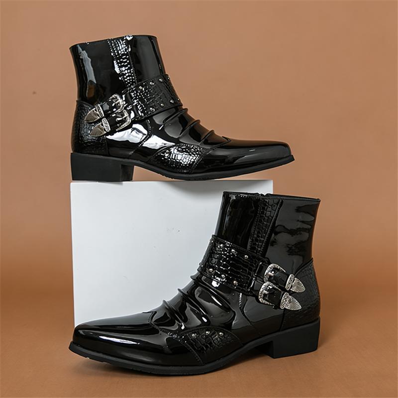 Winter Luxury New Men's Pointed Toe Punk Rock Belt Buckle Leather Casual Chelsea Ankle Boot High Top Monk Strap Hip-hop Shoes