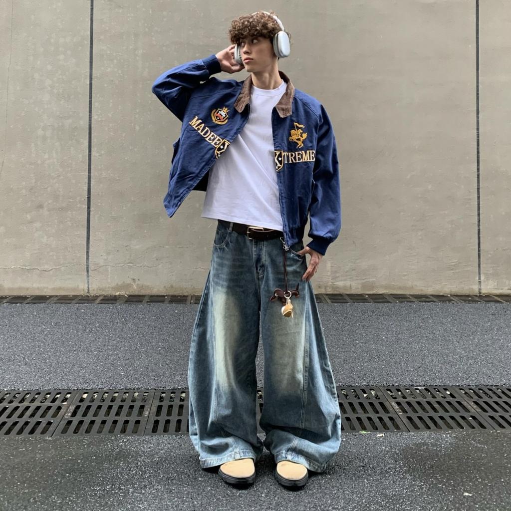 ZYLLO Veste à fermeture éclair tendance brodée style rétro vintage américain Homme Hip Hop Col à revers Bomber Y2K Streetwear Vestes décontractées amples