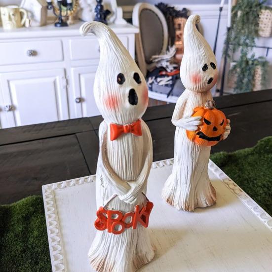 Ghost Figurine Resin Ghost Ornament with Pumpkin Desktop Ghost Sculpture for Halloween
