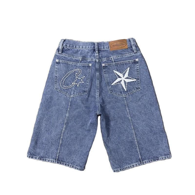 Corteiz Roztrhané Džínové Šortky S Výšivkou Hvězd Vintage Streetwear Rovný Střih Střední Pas Ležérní 5/8 Délka Džíny Pánské