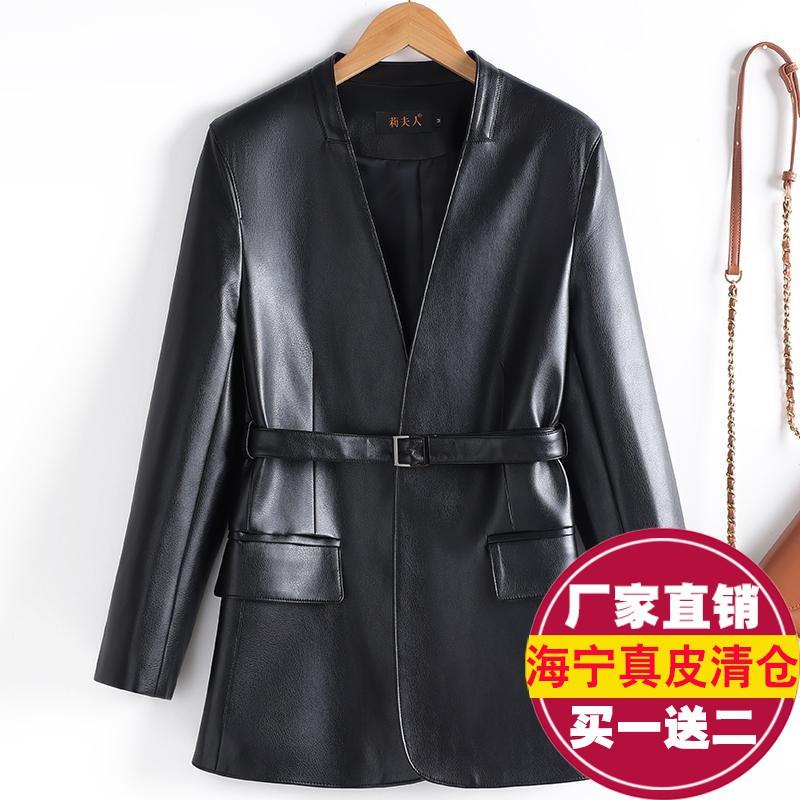 Womens V-Neck Mid-Length Leather Blazer Coat With Waist Tie Slim Fit Jacket Fashion